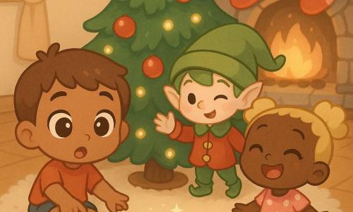 Three characters: Milo, about 4, short brown hair, thick red-and-white striped socks, round surprised eyes, sitting left of the tree pointing at sparkling footprints; Lila, about 3, blonde pigtails, pink polka-dot dress, laughing and smiling, standing right of the tree looking at the small elf; Jingle, a mischievous elf boy, very small, fair-skinned, oversized tilted green hat, red jacket with bells, partly hiding behind the tree and reaching out as if winking. Setting: cozy Christmas living room with shiny wooden floor, cream rug, dark green tree decorated with red baubles and warm lights, stone fireplace with stockings, and silver glittery traces on the floor. Main scene: the little elf appears secretly behind the tree leaving sparkling footprints; Milo and Lila discover him with surprise and joy; soft atmosphere, warm colors, dim garland lighting and strong character contrasts.