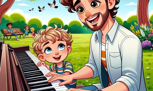 Un giovane di nome Luca, di circa 25 anni, con capelli castani e ricci, sorriso caloroso e occhi brillanti di gioia, è seduto davanti a un pianoforte in un parco soleggiato. Indossa una camicia colorata e jeans casual, mentre suona una melodia gioiosa, le dita che danzano sui tasti bianchi e neri. Accanto a lui, un ragazzo di 10 anni di nome Marco, con capelli biondi e occhi azzurri, osserva con meraviglia, le mani sul pianoforte, pronto a provare a suonare la sua melodia. Il parco è pieno di verde, con alberi maestosi, fiori colorati e bambini che giocano in lontananza, creando un'atmosfera gioiosa e vivace. Gli uccelli cantano tra i rami, aggiungendo magia al momento. La scena principale mostra Luca che insegna a Marco a suonare, condividendo la passione per la musica e la gioia di creare insieme, circondati dalla bellezza della natura.