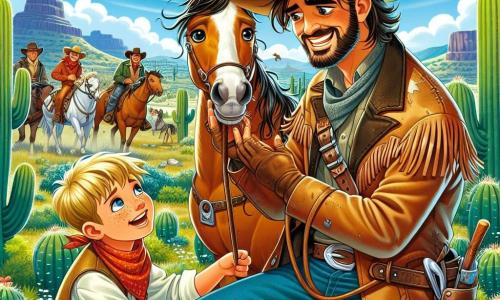 Ein mutiger Cowboy namens Lukas, ein Mann in den Dreißigern mit einem breiten Lächeln und funkelnden Augen, zähmt ein wildes Pferd. Er trägt einen großen Cowboyhut, eine abgenutzte Lederjacke und staubige Stiefel, und hat einen entschlossenen Gesichtsausdruck. In der Nähe steht ein etwa 8-jähriger Junge mit blonden Haaren und bewundernden Augen, die Arme verschränkt, auf einem Felsen. Die Szenerie befindet sich in einer weiten Prärie des Wilden Westens, mit sanften Hügeln am Horizont, verstreuten Kakteen und einem strahlend blauen Himmel, der mit flauschigen weißen Wolken gesprenkelt ist. Im Mittelpunkt der Szene nähert sich Lukas dem wilden Pferd, streckt sanft die Hand aus, während begeisterte Zuschauer im Hintergrund applaudieren und anfeuern. Die Hauptsituation zeigt Lukas, den Cowboy, der Mut und Mitgefühl zeigt, während er versucht, das verängstigte Pferd zu bändigen, und somit das Thema der Freundschaft zwischen Mensch und Tier veranschaulicht.