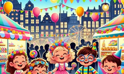 Max, een vierjarig jongetje met rommelig bruin haar en een grote glimlach, draagt een kleurrijk masker versierd met glitters en veren. Hij danst vrolijk in het midden van het podium. Rechts van hem staat Lotte, een vierjarig meisje met blond, krullend haar, in een stralende roze jurk en met een hartvormige snoep. Links zit Sam, een vierjarige jongen met een bril en zwart haar, in zijn rolstoel versierd met kleurrijke ballonnen, lachend. Tot slot draagt Finn, een vierjarige jongen met rood haar, een piratenkostuum en doet alsof hij met een plastic zwaard navigeert. Het carnaval vindt plaats op een druk plein omringd door kleurrijke gebouwen, met glinsterende lichtslingers in de lucht. Etenstalletjes bieden snoep en drankjes aan, terwijl een groot podium versierd is met papieren bloemen en kleurrijke ballonnen. Kinderen en volwassenen in feestelijke kostuums dansen en lachen om hen heen. De belangrijkste situatie toont Max en zijn vrienden die samen plezier hebben, lachend en dansend, terwijl de magie van het carnaval hen omringt, met confetti die uit de lucht valt en muzikanten die vrolijke melodieën spelen.