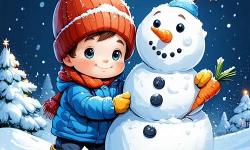Ein 7-jähriger Junge namens Max steht im Mittelpunkt des Bildes, mit einem breiten Lächeln im Gesicht und kalten, rosigen Wangen. Er trägt einen blauen Schneeanzug, eine rote Mütze mit Pompon und gelbe Handschuhe, während er einen großen Schneemann hält, den er gerade gebaut hat, mit einer Karotte als Nase und Kohlen als Knöpfen. Neben ihm steht eine lächelnde alte Dame, etwa 70 Jahre alt, mit grauen Haaren im Dutt und einem lila Mantel. Sie richtet den Schal des Schneemanns und verleiht der Szene einen Hauch von Magie. Im Hintergrund ist die winterliche Landschaft bezaubernd: schneebedeckte Tannen, sanft fallende Schneeflocken vom hellblauen Himmel und weiße Hügel, die sich bis zum Horizont erstrecken. Die Hauptsituation zeigt Max und die alte Dame beim Bau eines Schneemanns, umgeben von Lachen und Freude, und fängt den festlichen Geist des Winters in diesem magischen Dorf ein.