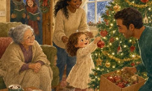 Ein gemütliches Wohnzimmer mit großem grünen Weihnachtsbaum, goldenen Girlanden und warmen Lichtern; eine fröhliche, staunende zweijährige Tochter mit hellbraunen Locken und roten Wangen hängt eine glänzende rote Christbaumkugel an einen Zweig, daneben ein etwa 35-jähriger Vater mit kurzem braunem Haar und breitem Lächeln, der eine große Schmuckschachtel hält, dahinter eine liebevoll lächelnde etwa 33-jährige Mutter mit zusammengebundenem langen Haar, bereit zu helfen, links auf dem Sofa eine etwa 70-jährige Großmutter mit grauem Dutt und beiger Decke auf den Knien, im Hintergrund offenstehende Tür, zwei nachbarschaftliche Erwachsene mit Wintermützen singen, durch die gefrorene Fenster sieht man fallenden Schnee, auf dem Couchtisch Plätzchen und heiße Schokolade; ruhiger, magischer Moment in sanften Aquarellfarben.