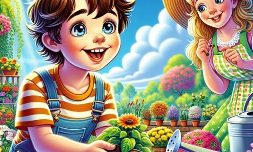 Um menino de 12 anos, Lucas, com cabelos castanhos bagunçados e olhos brilhantes de curiosidade, está agachado em um jardim ensolarado, com as mãos cheias de terra, sorrindo maravilhado enquanto planta sementes de flores. Ao seu lado, sua mãe, uma mulher na casa dos trinta anos com cabelos longos e loiros, usa um chapéu de palha e um avental colorido, observando-o com orgulho enquanto segura um vaso de flores. Ao fundo, o jardim está repleto de flores vibrantes, legumes verdes e árvores floridas, sob um céu azul claro salpicado de nuvens brancas. A cena mostra Lucas e sua mãe trabalhando juntos, cercados pela beleza da primavera, simbolizando alegria e crescimento.