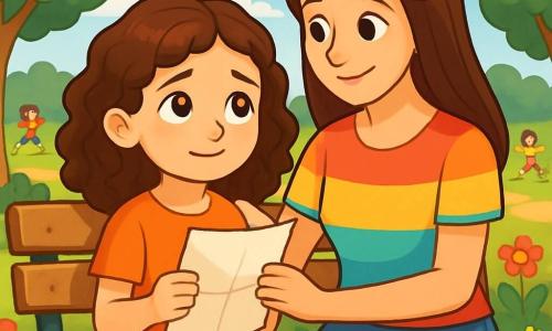 Una ragazza di 8 anni, Anna, con capelli castani e ricci, grandi occhi curiosi e un sorriso dolce, è seduta su una panchina in un parco verde. Tiene una lettera tra le mani, il suo viso esprime una malinconia piena di speranza, con una leggera luce nei suoi occhi. Accanto a lei, sua madre, una donna di circa trent'anni con capelli lunghi e lisci, indossa una maglietta colorata e jeans, la osserva con tenerezza, posando una mano confortante sulla spalla di Anna. Il parco è pieno di fiori colorati, alberi maestosi e un cielo azzurro punteggiato di nuvole bianche. In lontananza, dei bambini giocano gioiosamente, aggiungendo vita e pace alla scena. Anna legge la lettera dello zio, un momento di connessione e emozione che simboleggia speranza e amore in un contesto difficile.