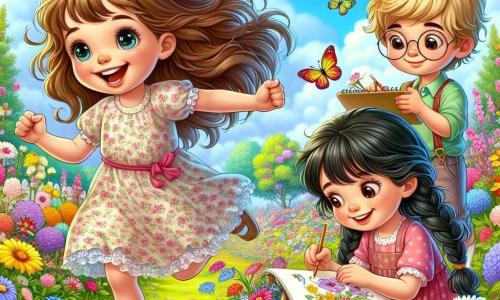 Una niña de 8 años, llamada Sofía, con largos cabellos castaños y ojos brillantes de alegría, salta de felicidad en un jardín colorido, rodeada de flores vibrantes. Lleva un vestido ligero con estampados florales y una gran sonrisa ilumina su rostro, mostrando su entusiasmo por la primavera. Junto a ella, su amigo Lucas, un niño de 7 años con cabello rubio desordenado y gafas redondas, sostiene un pequeño cuaderno de bocetos y dibuja una mariposa colorida. Ana, una niña de 7 años con trenzas negras y un vestido rosa, recoge flores silvestres para su canasta. El jardín es encantador, lleno de flores multicolores, árboles verdes y un cielo azul claro con nubes blancas. La escena principal muestra a Sofía y sus amigos disfrutando juntos de la belleza de la naturaleza y la amistad bajo el sol primaveral.