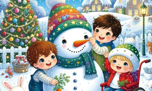 In a snowy garden, three boys are joyfully playing. Max, a four-year-old with sparkling eyes and messy brown hair, stands on the left holding a carrot for the snowman's nose. To his right, Leo, also four, with a bright smile and blonde hair, adjusts a large colorful hat on the snowman's head. Lastly, Oliver, a four-year-old with brown hair wearing a pretty green starry hat, is sitting in his red wheelchair, laughing and clapping for his friends. The garden is decorated with twinkling lights and a Christmas tree laden with colorful ornaments. The snow covers the ground, creating a fairy-tale landscape, while the sky is a bright blue, dotted with falling snowflakes. The three friends are building a snowman, laughing and sharing joyful moments, while a small white rabbit with a red bow curiously watches them, adding a touch of magic to this Christmas scene.