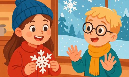 Uma menina de 8 anos, Sofia, com longos cabelos castanhos e bochechas rosadas, sorri alegremente segurando flocos de neve de papel em suas mãos. Ela usa um casaco vermelho vivo e um gorro de lã azul, com os olhos brilhando de felicidade. Ao seu lado, seu amigo Pedro, um garoto de 8 anos com cabelos loiros e óculos, observa maravilhado os flocos pendurados na janela, com as mãos dormentes de frio. A cena acontece em uma cozinha acolhedora, com uma grande mesa de madeira coberta de flocos de papel coloridos, luzes cintilantes e uma janela com vista para uma paisagem invernal, onde a neve cobre o chão e as árvores. Sofia e Pedro estão decorando a janela com suas criações, rindo e compartilhando histórias, cheios de uma doce calor apesar do frio exterior.