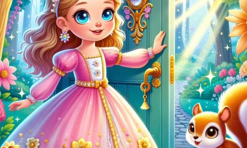 A princess named Lila, about 10 years old, stands in front of a sparkling silver door, her eyes shining with curiosity and excitement. She wears a pastel pink dress adorned with golden flowers and a delicate crown on her head. Beside her, a small squirrel with bright eyes, her faithful friend, observes the door with an intrigued expression. The setting is an enchanted garden filled with vibrant flowers, tall trees with golden leaves, and a clear blue sky dotted with fluffy clouds. The main scene shows Lila, ready to open the mysterious door, surrounded by an aura of magic, as sparkling lights dance around her, promising extraordinary adventures.