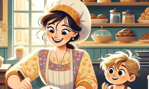 A cheerful baker, Emma, a woman in her thirties with messy brown hair and rosy cheeks, is kneading bread dough on a large wooden countertop. She wears a colorful apron and smiles enthusiastically, her eyes sparkling with happiness. Next to her is Leo, an eight-year-old boy with tousled blonde hair and a curious face, carefully observing the kneading process with flour on his hands. The setting is "Sweet Rise Bakery," a cozy bakery with pastel yellow walls, filled with delicious pastries displayed on wooden shelves. Sunbeams filter through the windows, illuminating the scene with a soft, welcoming light. The main situation shows Emma and Leo creating a special bread dough filled with chocolate and bananas, illustrating the magic of teamwork and creativity in the kitchen.