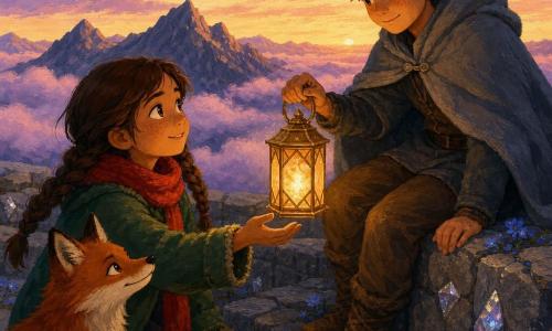 An 8-year-old girl, Mira, round face with freckles and chestnut hair in two braids, with a determined yet gentle expression, wearing a bright red scarf and green wool jacket, reaches to receive a golden glass lantern emitting warm honey light from an about 11-year-old boy, Rowan, with a gray hood on his shoulders, a shy relieved look and pale fingers, seated on the edge of a gray stone mountain terrace slightly behind her; a sleek red fox named Brim with mischievous eyes sits beside Mira, tilting its head toward the lantern; the terrace stones hold sparkling crystals and small blue flowers, low pink clouds circle the summit beneath a twilight lavender-and-gold sky, and the scene conveys a comforting, hopeful exchange as the warm light floods faces and casts long welcoming shadows.