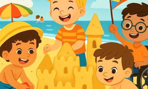 There are 4 children: Tom, a 5-year-old boy with curly brown hair, wearing a blue swimsuit and a yellow sun hat, happily digging in the sand with a red shovel; Max, a tall and slim 5-year-old with blonde hair and a striped t-shirt, standing next to Tom, pinching sand to shape it while laughing; Leo, a 5-year-old with brown hair and a big smile, wearing a green swimsuit, crouched down decorating a sandcastle with colorful shells, his eyes sparkling with excitement; and Sam, a 5-year-old in a wheelchair, with black hair and glasses, slightly behind, holding a colorful flag he made and encouraging his friends with a big smile. The setting is a beautiful sunny beach with golden sand sparkling in the sun, blue waves in the background, seagulls flying in a clear sky, colorful umbrellas planted in the sand, and families joyfully swimming in the sea. The main scene shows the children building a large sandcastle with tall towers and deep moats, laughing together, sharing ideas and tools, creating a moment of camaraderie and summer joy.