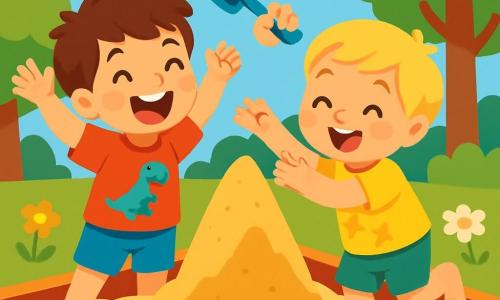 Er zijn 2 hoofdpersonages: - Timo: een bijna 5-jarig jongetje met rommelig bruin haar en sprankelende ogen. Hij draagt een rode t-shirt met een dinosaurus en een blauwe short. Timo lacht vrolijk met zijn armen in de lucht, dichtbij de grote zandbak. - Sam: een 4-jarig jongetje met blond haar en ronde wangen. Hij draagt een gele t-shirt met sterren en een groene korte broek. Sam springt met zijn voeten in het zand, met een grote glimlach op zijn gezicht. De situatie speelt zich af op een mooie zonnige speeltuin, omringd door groen. Er is een grote zandbak vol goudkleurig zand, kleurrijke speeltjes verspreid eromheen en meerkleurige bloemen die dansen in de zachte bries. Op de achtergrond bieden majestueuze bomen schaduw, en de lucht is helderblauw met enkele donzige witte wolken. Het hoofdmoment van het verhaal toont Timo en Sam die samen een grote zandtoren bouwen, lachend en plezier makend. Timo heft een schep vol zand op, terwijl Sam zich voorbereidt om het met zijn kleine handen te verpletteren, wat een moment van vreugde en saamhorigheid tussen broers creëert.