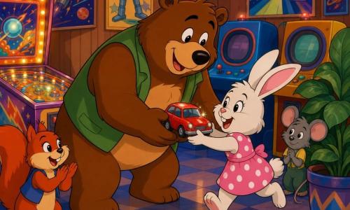 Un gran oso pardo llamado Bruno, de sonrisa suave y ojos redondos, le entrega una pequeña cochecito rojo a su amiga Pepita, una conejita blanca de vestido rosa con lunares, que corre feliz a abrazarlo; medio escondido tras una gran planta decorativa, el ratoncito gris Peque, algo avergonzado pero aliviado, observa la escena, mientras la ardilla Lila de pelaje rojizo aplaude junto a una vieja máquina de pinball en una sala de arcade acogedora y colorida con suelos en damero, pósteres retro y luces neón.