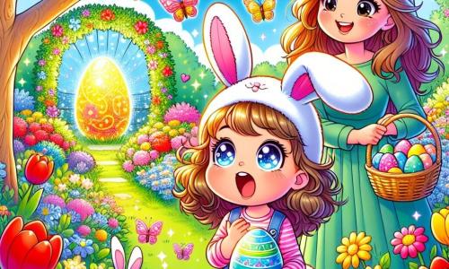 Una niña de 4 años, Lucía, con grandes ojos brillantes y cabello rizado castaño, lleva un bonito sombrero de conejo con grandes orejas. Expresa una inmensa alegría y asombro mientras sostiene un huevo de Pascua azul brillante en sus manos. A su lado, su mamá, una mujer de unos treinta años con cabello largo y liso, sonríe orgullosa mientras sostiene una cesta llena de huevos coloridos, un poco más atrás para admirar a su hija. El escenario es un jardín exuberante, lleno de flores de colores vivos, como tulipanes rojos y margaritas amarillas, con un gran árbol de follaje verde. En el centro, un pequeño portal de flores se abre a un mundo mágico, donde mariposas vuelan alrededor de un huevo dorado brillante. La situación principal muestra a Lucía descubriendo el portal mágico, maravillada por la belleza del jardín y el misterio del huevo dorado que brilla, mientras un pequeño conejo blanco, travieso, la invita a aventurarse más en este mundo encantador.