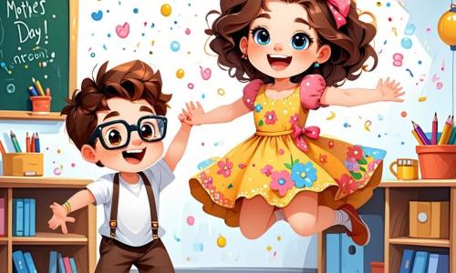 Una bambina di 6 anni, Sofia, con capelli ricci color caramello e occhi blu brillanti, salta di gioia in un'aula decorata per la festa della mamma. Indossa un vestito colorato con motivi floreali e un grande sorriso illumina il suo viso, mostrando la sua eccitazione. Accanto a lei, il suo amico Marco, un ragazzo di 6 anni con capelli castani disordinati e occhiali tondi, tiene un grande pallone a forma di cuore e ride guardando Sofia. Più lontano, Giulia, una ragazza di 6 anni con capelli lunghi e lisci, indossa una gonna rosa e sta disegnando un grande cartello con cuori e fiori per la festa. L'aula è piena di decorazioni colorate: palloni, festoni di carta e disegni appesi ai muri, creando un'atmosfera gioiosa e festosa. Sui tavoli ci sono piatti di biscotti e frittelle in attesa di essere gustati. La scena principale mostra Sofia e i suoi amici che preparano una sorpresa per la festa della mamma, con risate e grida di gioia mentre decorano l'aula e si preparano ad accogliere le loro mamme.