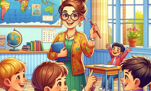 Eine lächelnde Lehrerin in den Dreißigern mit braunen, zu einem Dutt gebundenen Haaren trägt eine bunte Bluse und runde Brillen. Sie steht vor einer großen Weltkarte an der Wand, ihre Augen funkeln vor Begeisterung, während sie ihre Schüler ermutigt, ihre Ideen zu teilen. Neben ihr hebt ein 8-jähriger Junge mit einer roten Mütze und einem gestreiften T-Shirt mit einem breiten Lächeln die Hand, gespannt darauf, über sein Lieblingsthema, Dinosaurier, zu sprechen. Ein anderes Kind, ein 9-jähriges Mädchen mit Zöpfen und einem lila Pullover, beobachtet aufmerksam, hält einen Bleistift und ein Notizbuch in der Hand, bereit zu zeichnen. Die Szene spielt in einem hellen Klassenzimmer mit gelb gestrichenen Wänden, Fenstern, die Sonnenlicht hereinlassen, und bunten Lernplakaten. Holztische sind im Kreis angeordnet, und Bücher liegen auf den Tischen verteilt. Die Hauptsituation zeigt die Lehrerin und ihre Schüler in einer lebhaften Diskussion, jeder teilt enthusiastisch seine Ideen und schafft eine Atmosphäre von Neugier und fröhlicher Zusammenarbeit.