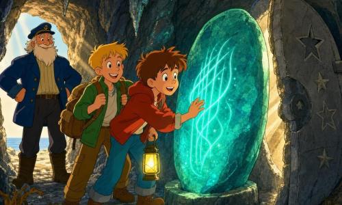 Een warm, dynamisch cartoonbeeld van twee jongens en een oude kapitein in een vochtige grot: Jasper, circa 10 jaar, rond gezicht en warrig bruin haar, houdt een gele lantaarn en toucheert voorzichtig een grote ovale steen die turquoise gloed en trillende lichtdraden uitstraalt; Tom, iets ouder en blond, staat achter hem met een rugzak klaar om te helpen; kapitein Lars, ongeveer 60, met witte baard en blauwe zeemansjas, staat bij de grotopening met handen in de zij en een trotse glimlach; de donkere rotswanden glinsteren van mineralen, een deels geopende stenen deur met stervormige knoppen laat warme stralen binnen — sfeer van avontuur, ontdekking en verwondering.