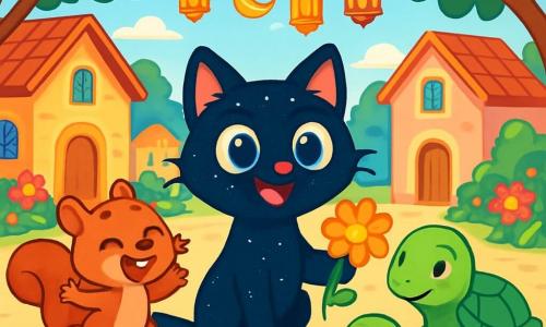 In un incantevole villaggio soleggiato, un adorabile gatto nero dagli occhi azzurri, di nome Filo, si trova gioiosamente al centro della scena. Il suo pelo scintilla come stelle e mostra un grande sorriso, pieno di curiosità ed eccitazione. Accanto a lui, un piccolo scoiattolo bruno dalle guance rotonde, di nome Pip, salta allegramente, con gli occhi pieni di malizia, mentre una dolce tartaruga verde, Luma, osserva con uno sguardo saggio e benevolo, un leggero sorriso sul volto. Il contesto è una bella piazza del villaggio, adornata di fiori colorati e lanterne scintillanti, con case dalle facciate pastello e alberi frondosi che danzano dolcemente nel vento. Sullo sfondo, un cielo azzurro chiaro illumina la scena, creando un'atmosfera gioiosa e accogliente. Filo, Pip e Luma stanno raccogliendo fiori vivaci per decorare la piazza, condividendo risate e sorrisi, mentre si preparano a celebrare insieme il Ramadan.