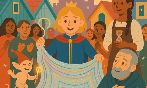Principe Elian, ragazzo di circa 12 anni dal viso rotondo e capelli biondo miele sopra le spalle, espressione gioiosa, tiene e apre una grande coperta colorata ricamata con fili arcobaleno e paillettes; Piumino, piccolo folletto non umano grande come un gatto con cappello con campanellini rosso e pelle pesca, salta accanto a lui tenendo un filo di seta cantilenante; un vecchio di circa 70 anni con barba grigia corta è seduto in primo piano avvolto in un angolo della coperta, viso sollevato e commosso; Lira, apprendista sarta di circa 16 anni con treccia e camicetta macchiata d'oro, sta dietro il principe sorridente e orgogliosa. La piazza del villaggio lastricata è circondata da case di legno dai toni pastello, ghirlande di tessuto sospese e le torri del castello sullo sfondo sotto un cielo crepuscolare rosa-arancio; la coperta magica è stesa al centro con gli abitanti riuniti attorno, gesti calorosi, coriandoli argentati che cadono, luce morbida, ombre nette e dettagli ricamati ben visibili; colori vivaci ma delicati, contorni puliti e composizione centrata sui volti felici e sulla coperta.