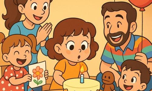 Niña de 2 años de rostro redondo y rizos castaños cortos sopla una vela sobre un pastel de vainilla; detrás, su madre con coleta sonriente aplaude, a la derecha Paco, el padre con barba y camisa colorida, agachado sujetando un gran globo rojo; a la izquierda, una amiga de 4 años con vestido de lunares ofrece un dibujo desde una silla, delante un niño de 5 años de camiseta a rayas arrodillado con una marioneta de tela, y a los pies de la niña el perro pequeño Lilo de pelaje beige con un mini gorro de fiesta; salón cálido con guirnaldas y globos multicolores, luces colgantes, mesa baja y alfombra, ambiente de pastel soplado, tonos pastel vivos, estilo cartoon años 90, líneas claras, sombras suaves, texturas simples, composición centrada en la niña y el pastel.