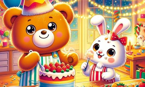 Un pequeño oso de peluche llamado Tito, con un suave pelaje marrón y ojos brillantes de alegría, lleva un gran sombrero de fiesta colorido que dice 