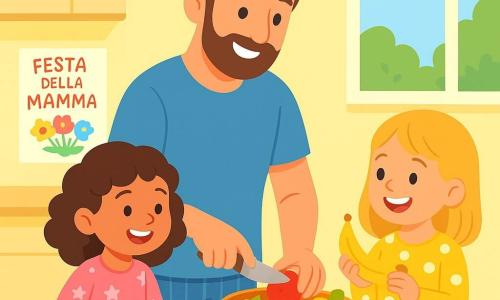 Ci sono 3 personaggi: - Marta: una bambina di 4 anni, con capelli castani e ricci, che indossa un pigiama rosa con stelle. È in piedi a sinistra, tenendo un piccolo coltello di plastica per tagliare la frutta. - Sofia: una bambina di 4 anni, con capelli biondi e lisci, che indossa un pigiama giallo a pois. È a destra di Marta, sorridente e tiene una banana che ha appena spremuto. - Papà: un uomo di circa trent'anni, con capelli castani e una leggera barba, indossa una maglietta blu e pantaloni da pigiama. È al centro, mentre taglia delle mele in una ciotola, guardando le ragazze con un sorriso benevolo. Il luogo è una cucina luminosa, con pareti dipinte di giallo pastello e una grande finestra che lascia entrare la luce del mattino. Sul tavolo di legno, c'è una grande ciotola piena di frutta colorata: mele rosse, banane gialle, pere verdi e fragole succose. Un disegno colorato è appeso al muro, che rappresenta la festa della mamma. La situazione principale mostra i tre personaggi intenti a preparare una sorpresa per la festa della mamma. Marta e Sofia si affaccendano gioiosamente attorno al tavolo, mentre Papà le aiuta, creando un'atmosfera di complicità e amore. Le ragazze ridono e si scambiano sguardi complici, mentre la cucina è piena di colori vivaci e buon umore.