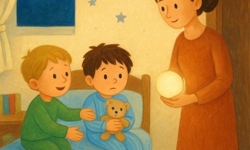 Ci sono tre personaggi: Leo, bambino di 4 anni, capelli castani scompigliati, guance rotonde, pigiama a righe azzurro, tiene un orsetto beige al petto e sta al centro del letto vicino alla finestra; Tom, bambino di 4 anni, capelli biondi corti, sorriso dolce, pigiama verde, seduto a sinistra del letto che prende la mano di Leo per rassicurarlo; la madre, circa 30 anni, capelli castani raccolti in uno chignon, volto calmo, veste semplice, in piedi vicino alla porta con una piccola lucina notturna rotonda accesa nella mano destra che crea un alone caldo e ombre morbide. Ambientazione: camera infantile accogliente vista in prospettiva tre quarti, pareti crema, adesivi di stelle argentate vicino alla finestra, tenda leggera socchiusa su un cielo notturno con due stelle, tappeto grigio soffice sotto il letto, mensole basse con qualche libro e un trenino di legno. Situazione: scena dolce e rassicurante, i due bambini sul letto uno con l'orsetto e l'altro che gli prende la mano, atmosfera notturna calma, colori pastello, texture che richiamano la gouache, linee morbide e forme semplici per un effetto infantile e rassicurante.