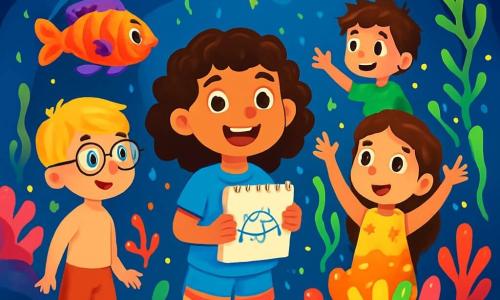 Hay 4 niños: - Lucía: una niña de 7 años con cabello rizado y castaño, lleva una camiseta azul y un short colorido, está llena de energía y sonríe con entusiasmo. Se encuentra en el centro, sosteniendo un cuaderno de bocetos. - Martín: un niño de 7 años, con cabello rubio y gafas, vestido con un bañador rojo, observa con curiosidad un pez colorido que nada cerca de él. Está ligeramente adelante a la izquierda. - Valeria: una niña de 7 años con cabello largo y liso, lleva un vestido de flores, está maravillada por las algas fluorescentes que flotan a su alrededor. Está a la derecha de Lucía, con los brazos levantados en señal de asombro. - Diego: un niño de 7 años, con cabello castaño despeinado, vestido con una camiseta verde, está señalando un gran coral arcoíris que brilla al fondo de la escena. Está ligeramente atrás a la derecha. El lugar se desarrolla en una caverna submarina mágica, llena de corales coloridos, peces multicolores y luces centelleantes que bailan en las paredes. Las algas verdes y doradas flotan suavemente en el agua clara, creando una atmósfera encantada. La situación principal muestra a los niños maravillados, explorando este fascinante mundo submarino, rodeados de criaturas marinas amigables y descubriendo el magnífico coral arcoíris que brilla en el centro de la escena.