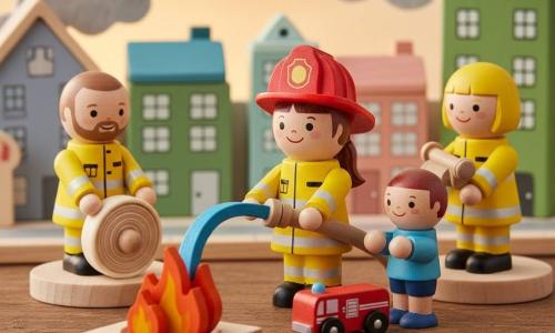 A smiling, brave female firefighter with a shiny red helmet, yellow jacket with reflective stripes, brown ponytail, round face and sparkling eyes holds a hose spraying bright blue water at a small wooden fire; Jake, an adult male firefighter with a light beard, helps unroll the hose to her left while standing on a small wooden plank; Mia, a ~30-year-old female firefighter with short blonde hair, stands slightly behind and to the right holding a folded fire nozzle; Timmy, a ~5-year-old boy with brown hair in shorts, holds a small red toy truck and applauds in the foreground near her. The scene is a miniature wooden town street on a table with painted houses in soft colors, a textured sidewalk and gray felt smoke clouds; the orange-red wooden fire is contained and partly extinguished, the clear water jet hits the flames, faces show relief and joy, bathed in warm golden dusk light. Style: wooden toy diorama with pastel colors, vivid contrasts on the truck and helmet, visible wood textures, composition centered on the female firefighter in action.