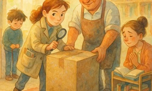 Mara, detectivă cu privire curiosă şi expresie blândă, poartă un pardesiu bej şi ţine o lupă în mâna dreaptă în timp ce împinge o cutie mare de carton maro acoperită cu sclipici argintiu; alături, domnul Dinu, în jur de 50 de ani, cu piele măslinie şi şorţ pătat, o ajută zâmbind, iar Radu, băiat de ~10 ani, timid, ţine o corziţă roşie în picioare şi priveşte în jos lângă un raft; bibliotecara, ~40 de ani, părul strâns, este ghemuită lângă un cărucior cu cărţi desfăcute, toţi în intrarea unei mici biblioteci calde cu parchet deschis, rafturi joase pline de cărţi colorate şi lumină de dimineaţă printr-o fereastră mare; scena centrală arată predarea cutiei cu cărţi găsite, atmosferă de uşurare şi tandreţe, compoziţie centrată pe cutie, culori pastel şi texturi asemănătoare acuarelei.