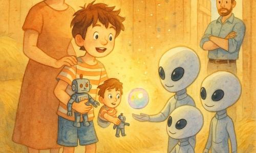 An 8-year-old boy, Milo, with messy brown hair, a striped T‑shirt and red sneakers holds a toy robot in one arm and gazes at a floating glowing orb as three child‑sized pearlescent aliens in silver suits offer a small translucent memory orb; his mother (about 35) stands behind him left with a gentle smile and hands on his shoulder, his father (36–40) stands right by the hangar door with folded arms and a protective amused expression; the warm, tidy wooden hangar with stacked hay, a swept floor and hanging golden lights, dust motes and pastel tones creates a soft contrast between the wood’s warmth and the aliens’ silver glow, conveying a tender curious exchange.