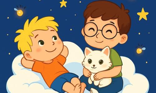Er zijn 3 personages: - Lars: een 6-jarig jongetje met messy blond haar en sprankelende ogen. Hij ligt op een grote, zachte, pl fluffy witte wolk, glimlachend en naar de lucht kijkend. - Sam: een 5-jarig jongetje met bruin haar en ronde bril. Hij zit naast Lars, met gekruiste benen, en houdt een klein wit kitten in zijn armen. - Het kitten: een klein wit kitten met heldere groene ogen en een donzige vacht. Het ligt tegen Sam aan en spint zachtjes. De locatie speelt zich af in een sterrenhemel, waar een enorme donzige wolk vredig zweeft. De sterren twinkelen om hen heen en verlichten de lucht met een zachte gouden gloed. Kleine vuurvliegjes dansen rond de wolk en creëren een magische en serene sfeer. De belangrijkste situatie toont Lars en Sam, liggend op de wolk, luisterend naar het zachte gespin van het kitten. Ze ademen diep in, hun gezichten ontspannen, terwijl de sterren boven hen stralen en een gevoel van rust en geluk brengen.