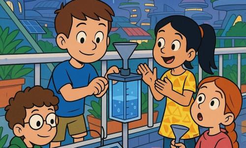 Há 4 crianças: Davi, menino de 8 anos, cabelos castanhos curtos, camiseta azul e shorts cáqui, segura um pequeno sensor de chuva de plástico na grade do balcão, ao centro-esquerda, olhando a régua de água com sorriso concentrado; Laura, menina de 8 anos, cabelos pretos longos em rabo de cavalo, vestido amarelo com padrões geométricos, aplaude e aponta para a caixa de armazenamento de água, à direita de Davi; Tomás, menino de 8 anos, cabelos castanhos cacheados, óculos redondos, jaqueta verde com bolso de ferramentas, agacha à esquerda do protótipo e ajusta fios do painel solar; Júlia, menina de 8 anos, cabelos ruivos trançados, moletom rosa, segura um pequeno funil e olha o céu estrelado, à direita, com expressão de maravilha. Lugar: um balcão de apartamento no décimo andar numa cidade futurista, grade metálica branca, floreiras com plantas, vista de telhados coloridos, prédios arredondados com jardins suspensos e painéis solares, céu pós-chuva com reflexos no asfalto e poças coloridas; situação: as crianças observam seu protótipo de sensor de chuva que coleta gotas numa caixa transparente, gotas caem por um tubo e a régua mostra água, ambiente alegre e colaborativo, luz suave pós‑averse e uma estrela cadente no canto superior direito do céu.