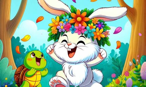 Um coelho chamado Pipo, com grandes orelhas e pelagem branca e macia, usa um chapéu colorido feito de flores e exibe um grande sorriso alegre. Ele está saindo de um arbusto de flores, com pétalas voando ao seu redor, após fazer um salto divertido. Ao lado dele, Tuca, uma pequena tartaruga verde com uma carapaça brilhante, ri alto, seus olhos brilhando de malícia, enquanto se apoia em uma pedra plana, aplaudindo Pipo. Ao fundo, a floresta encantada está cheia de árvores com troncos grossos, flores coloridas e um céu azul radiante, criando uma atmosfera alegre e vibrante. A cena principal mostra Pipo, o coelho, que acaba de realizar um salto cômico e inesperado, provocando risadas e alegria entre seus amigos animais.