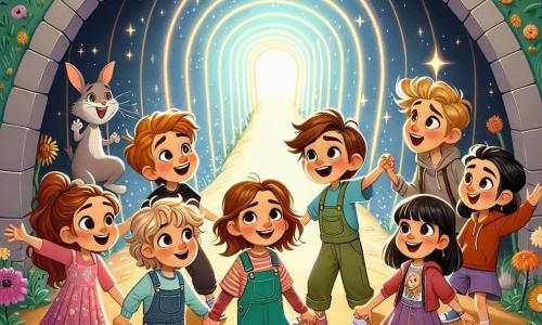 W centrum obrazu pięcioro dzieci trzyma się za ręce, gotowych do wejścia do magicznego tunelu. Ania, 8-letnia dziewczynka z długimi brązowymi włosami w różowej sukience, z zachwytem patrzy na błyszczący tunel. Po jej prawej stronie Tomek, 9-letni chłopiec z rozczochranymi blond włosami, w niebieskiej koszulce, uśmiecha się z ekscytacją. Obok niego Kasia, 7-letnia dziewczynka z rudymi warkoczami, w zielonym ogrodniczkach, wskazuje na tunel. Z drugiej strony Piotrek, 8-letni chłopiec z brązowymi włosami, w czerwonej bluzie z kapturem, szeroko się uśmiecha, podczas gdy Maja, 6-letnia dziewczynka z czarnymi włosami w fioletowej sukience, patrzy na tunel z szeroko otwartymi oczami. Tunel w tle jest jasny i błyszczący, otoczony kolorowymi kwiatami i zielonymi drzewami, tworząc magiczną i czarującą atmosferę. Multikolorowe światła emanują z tunelu, dając wrażenie, że jest on żywy. Dzieci, pełne ekscytacji i ciekawości, są gotowe zrobić krok naprzód, aby wejść do tunelu, symbolizując swoją podróż w czasie do niesamowitych przygód.