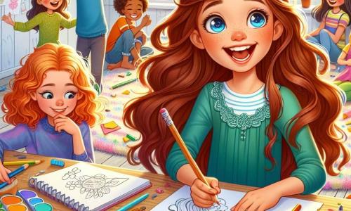 Una ragazza di 12 anni, Sofia, con lunghi capelli castani, occhi pieni di curiosità e un sorriso radioso, è seduta a un tavolo di legno, circondata da pastelli e fogli di carta. Disegna con passione, il suo viso illuminato dall'eccitazione e dalla creatività. Accanto a lei, Chiara, un'altra ragazza di 12 anni con capelli ricci e biondi, osserva con meraviglia il disegno di Sofia, tenendo un taccuino tra le mani. Sullo sfondo, un gruppo di bambini, tutti di circa 12 anni, si diverte giocando a giochi da tavolo colorati su un tappeto soffice, ridendo e scambiando idee. Il luogo è un'aula luminosa, con pareti decorate da disegni di bambini, finestre che lasciano entrare la luce del sole e piante verdi che aggiungono un tocco di freschezza. La scena principale mostra Sofia e i suoi amici che si divertono insieme, scoprendo la gioia di creare senza schermi, circondati da colori e risate.