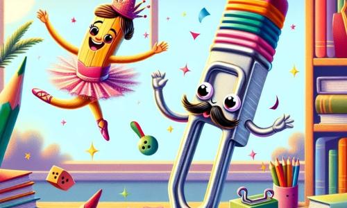 Spillo, una graffetta dagli occhi scintillanti e dal sorriso radioso, indossa un piccolo cappello a cilindro colorato e salta gioiosamente su una pista da bowling fatta di fogli di carta. Sembra eccitato e curioso, con le braccia aperte come se volesse afferrare le stelle. Accanto a lui, Lilla, una matita ballerina con un tutù rosa e scarpe brillanti, esegue una graziosa pirouette, il suo volto splendente di gioia. Un po' più in là, Don Penna, una penna biro con baffi buffi, si trova su una pila di libri, ridendo a crepapelle mentre cerca di non cadere. La scena si svolge su un grande tavolo da ufficio, dove matite colorate, gomme e fogli volanti creano un disordine gioioso. Libri danzano sugli scaffali e una finestra sullo sfondo fa filtrare un dolce raggio di sole. La situazione principale mostra Spillo e i suoi amici in festa, saltando su una enorme palla di colla, ridendo e divertendosi, mentre macchie di colore e scoppi di risate riempiono l'aria.