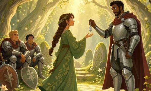 Main woman: Elara, ~20–25, soft determined face, long brown hair in a braid, simple green leaf-patterned dress, grateful serene expression, walking toward a clearing with her hand outstretched; Secondary: Sir Cedric, ~35–40, kindly knight in polished silver armor and brown-red cape, standing to Elara’s right offering a small silver pendant; Other secondary: two knights, ~25–40, slightly scratched armor, shields on the ground, seated rear left resting and admiring; Setting: secret clearing in an ancient grove, round mossy stones, pale flowers and vines, soft golden morning light with fireflies, twisted pale-trunk trees forming an arch; Main scene: revelation of the sanctuary at dawn—Elara guides the knights to an illuminated stone circle, magical peaceful mood, warm colors and soft contrasts, composition centered on the pendant exchange.