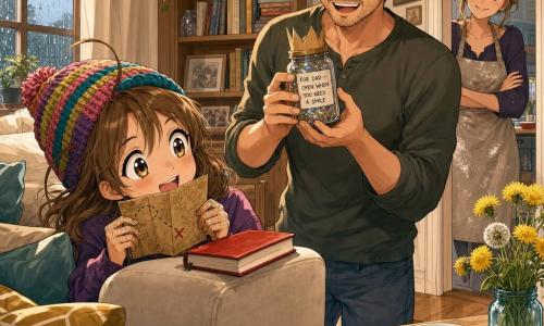 An 8-year-old girl, joyful and proud, with mid-length brown hair and a rebellious strand, wearing a colorful knitted beanie, hides behind the couch holding a folded treasure map; a smiling, surprised 38-year-old father with short chestnut hair and light beard stands by the armchair where a red book fell, holding a small ribbed glass jar labeled FOR DAD — OPEN WHEN YOU NEED A SMILE; a 36-year-old mother in a flour-stained apron watches from the doorway with a kind smile; the warm, bright living room has a cream fabric sofa, geometric rug, wooden coffee table with a plate of cookies and a dandelion vase, a rainy window and shelves with books and jars; the main moment is the discovery of the memory jar as the father opens the red book and pulls out the jar while the girl beams holding the map and the mother looks on — tender, warm colors, soft contrasts, manga-style exaggerated expressions, a paper crown on the jar, colorful notes inside and a little glitter glue on the girl's fingers.