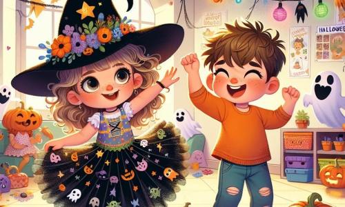 A 4-year-old girl named Lily, with big bright eyes and curly brown hair, smiles in wonder. She wears a colorful witch costume, complete with a pointed hat and a black tulle skirt. She joyfully dances in a Halloween-decorated classroom, surrounded by ghost garlands and smiling pumpkins. Next to her is her best friend Max, a 5-year-old boy with messy blonde hair and an orange t-shirt, laughing and waving his arms. He wears a funny monster mask and seems ready to dance with her. The scene takes place in a school classroom, where the walls are adorned with Halloween drawings, paper lanterns, and sparkling spider webs. Colorful lights float in the air, creating a magical and festive atmosphere. Lily and Max dance with friendly ghosts floating around them, laughing and having fun together in a cheerful and playful ambiance, celebrating the spirit of Halloween with bright smiles.