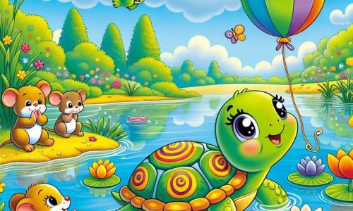 Eine kleine grüne Schildkröte namens Tilda, mit einem sanften Lächeln und funkelnden Augen, schwimmt langsam in einem glitzernden Teich. Ihr Panzer ist mit spiralförmigen Mustern verziert, und sie wirkt entschlossen und fröhlich. Neben ihr sitzt ein kleiner Frosch namens Fips, mit glänzender grüner Haut und großen runden Augen, bewundernd auf einem Seerosenblatt. Weiter weg applaudiert eine kleine Maus namens Mimi, mit hellbraunem Fell und einem zappelnden Schwanz, während sie am Ufer sitzt. Der Teich ist von bunten Blumen und großen Bäumen mit grünen Blättern umgeben, während der Himmel strahlend blau ist, durchzogen von flauschigen weißen Wolken. Die Szene zeigt Tilda, die einen bunten Ball zurückbringt, der sanft zum Ufer schwebt, während Fips und Mimi sie begeistert anfeuern.