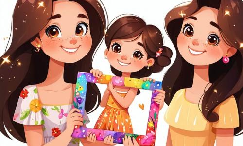Uma menina de 8 anos, Sofia, com longos cabelos castanhos e olhos brilhantes, está no centro da imagem, sorridente e cheia de emoção, segurando uma moldura colorida que ela fez para sua mãe. Ela usa um vestido leve com flores, e seu rosto expressa uma alegria sincera e um pouco de nervosismo. Ao lado dela, sua mãe, uma mulher de cerca de 35 anos, com cabelos castanhos ondulados e um sorriso caloroso, está sentada no sofá, com os olhos brilhando de surpresa e emoção, olhando o presente que sua filha lhe oferece. O cachorro delas, Bolacha, um pequeno cão de pelagem dourada, está sentado no tapete, com a língua de fora, olhando com curiosidade a moldura colorida. A cena acontece em uma sala iluminada, com paredes pintadas de amarelo pastel, raios de sol filtrando pelas cortinas e almofadas coloridas espalhadas pelo sofá. Sofia, cheia de amor, apresenta orgulhosamente seu presente feito à mão à mãe, criando um momento mágico e tocante do Dia das Mães, repleto de calor e ternura.