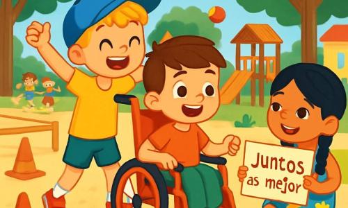 Hay 3 personajes: Mateo, un niño de 5 años con cabello castaño y ojos brillantes, sentado en una bonita silla de ruedas roja, sonriendo con entusiasmo; Pablo, un niño de 5 años con cabello rubio despeinado y una gorra azul, de pie al lado de Mateo animándolo con los brazos en alto; y Sofía, una niña de 5 años con largos cabellos negros trenzados y un vestido colorido con flores, agachada frente a Mateo, sonriéndole amablemente y sosteniendo un pequeño cartel que dice "¡Juntos es mejor!". La escena transcurre en un patio de escuela soleado, rodeado de grandes árboles verdes y flores coloridas, con juegos de madera, pelotas y niños riendo y jugando, creando una atmósfera alegre y acogedora. Mateo, Pablo y Sofía están listos para participar en una carrera de obstáculos, mostrando la importancia de la amistad y la inclusión.