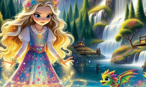 A princesa Lúcia, uma jovem de 11 anos, é retratada com longos cabelos dourados que brilham ao sol, vestida com um vestido colorido adornado com flores. Seu rosto expressa uma determinação corajosa enquanto ela está à beira de uma fonte mágica, com as mãos mergulhadas na água cintilante, cercada por uma aura luminosa. Ao seu lado, Zico, um pequeno dragão de escamas verdes e brilhantes, voa alegremente no ar, seus olhos brilhando de excitação. Ele está cuspindo pequenas chamas coloridas, adicionando um toque de magia à cena. O local é a Montanha dos Ecos, majestosa e imponente, com encostas íngremes e cachoeiras de água cristalina que brilham sob o sol. Flores coloridas e árvores majestosas cercam a fonte, criando uma atmosfera encantada. A situação principal mostra Lúcia e Zico prontos para enfrentar a Sombros, uma criatura sombria e ameaçadora que se aproxima, ameaçando mergulhar o reino na escuridão. O momento é carregado de tensão e magia, capturando a essência de uma aventura heroica.