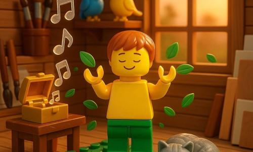 Um menino de 6 anos, rosto redondo, cabelo castanho-claro curto, expressão serena e sorridente, em pé sobre duas bricks verdes como raízes, braços erguidos em forma de “galho”, olhos fechados; uma gatinha cinza em bricks enrolada aos pés, olhos semicerrados; dois passarinhos em bricks (um azul, um amarelo) empoleirados numa prateleira de madeira LEGO atrás, cabeças inclinadas como se ouvissem música; uma pequena caixa de música em bricks com tampa dourada aberta sobre uma mesa de madeira LEGO à esquerda, emitindo notas estilizadas em bricks translúcidos; oficina em madeira quente, chão de tábuas, grandes janelas com pôr do sol laranja suave, pincéis, paletas e telas empilhados; cena central mostra o menino imóvel como uma árvore pacífica no diorama, luz dourada sobre os braços erguidos e folhas em bricks verdes flutuando ao redor; estilo: cores quentes, texturas amadeiradas, contrastes suaves, composição centrada e apaziguadora, rendu nítido e infantil.