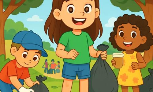 Há 3 personagens: - Ana: uma menina de 7 anos, com longos cabelos castanhos e olhos brilhantes. Ela usa uma camiseta verde e um short jeans, segurando um saco de lixo, sorridente e cheia de energia. - Miguel: um menino de 7 anos, com cabelo curto e um boné azul. Ele veste uma camiseta vermelha e tênis, está à esquerda de Ana, recolhendo uma garrafa plástica com uma expressão concentrada. - Luísa: uma menina de 7 anos, com cabelos cacheados e um vestido amarelo com flores. Ela está à direita de Ana, segurando um copo de papel e sorrindo, pronta para ajudar. O cenário é um parque verdejante, cheio de árvores majestosas e flores coloridas, com o chão coberto de folhas e pequenos lixos, sob um céu azul claro. Ao fundo, há um grupo de famílias reunidas, prontas para participar do dia de limpeza. A cena principal mostra os três amigos em ação, sorridentes e determinados, recolhendo lixo para deixar o parque mais limpo e bonito, cercados por sacos de lixo já cheios, simbolizando seu compromisso com a ecologia e a proteção da natureza.