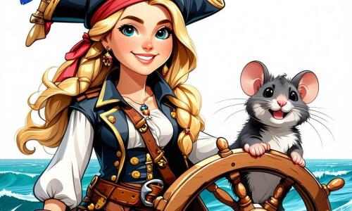 A cena mostra a Capitã Coragem, uma mulher pirata corajosa de cerca de 30 anos, com cabelos dourados ao vento, um grande sorriso no rosto, segurando firmemente o leme do seu barco, o 