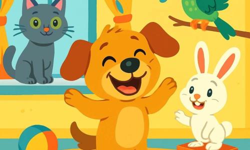 A joyful dog named Benny, with golden fur and sparkling eyes, stands at the center of the scene with his paws in the air, ready to tell a joke. He has a big smile showing his small white teeth. Next to him, Mimi, a gray cat with green eyes, sits on a windowsill, ears perked and tail wrapped around her paws, listening attentively. Hopper, a small rabbit with big ears and white fur, stands on a box, ready to jump enthusiastically. Pip, a parrot with bright green and yellow feathers, perches on a branch, singing joyfully. The scene takes place in a bright house with colorful decor, yellow walls, and floral-patterned curtains. A soft, fluffy rug is spread on the floor, and scattered toys add a cheerful touch. Benny is about to tell his joke, surrounded by his eager and smiling friends, ready to laugh together.