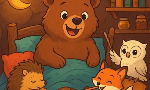Ein großer Braunbär namens Brummel mit weichem, flauschigem Fell steht in der Mitte der Szene und zeigt ein fröhliches Lächeln und funkelnde Augen vor Aufregung. Er liegt auf einem rustikalen Holzbett, umgeben von bunten Kissen und kuscheligen Decken, bereit einzuschlafen. Zu seiner Rechten sitzt eine kleine Eule mit weißen Federn und großen runden Augen, die mit einem schelmischen Ausdruck auf der Bettkante sitzt und mit einem kleinen Stock aus einem Zweig ein Gute-Nacht-Konzert leitet. Links ist ein kleiner Igel mit goldenen Stacheln, der sich schlafend an ein Kissen kuschelt, während ein roter Fuchs mit einem buschigen Schwanz und einem schelmischen Lächeln auf einer Karotten-Trompete spielt und der Szene einen Hauch von Verrücktheit verleiht. Die Umgebung ist eine gemütliche Höhle, erleuchtet von dem sanften Licht einer mondförmigen Lampe, mit steinernen Wänden und Regalen voller Bücher und Honigtöpfe. Die Hauptsituation zeigt Brummel und seine Freunde, die zusammen singen und eine fröhliche und tröstliche Atmosphäre schaffen, während die Nacht sanft draußen hereinbricht und süße, lustige Träume verspricht.