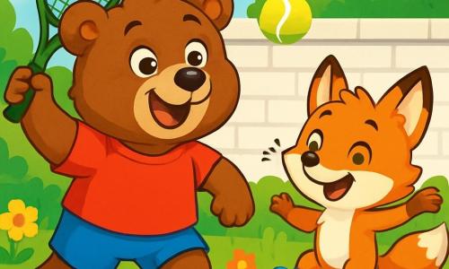 A brown bear named Bruno, with soft and shiny fur, wears a red t-shirt and blue shorts. He has a big joyful smile and sparkling eyes as he holds a green tennis racket, ready to hit a yellow ball. Next to him, a small orange fox named Flip, wearing sparkling running shoes, jumps with joy, showing a mischievous smile. They are in a green garden surrounded by colorful flowers and a white brick wall where the ball bounces. The scene depicts Bruno and Flip in action, excited to play tennis together, filled with energy and friendship.